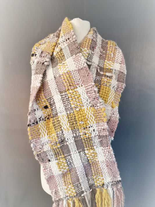 Hand Woven Scarf - Mustard, Dusky Pink & Brown