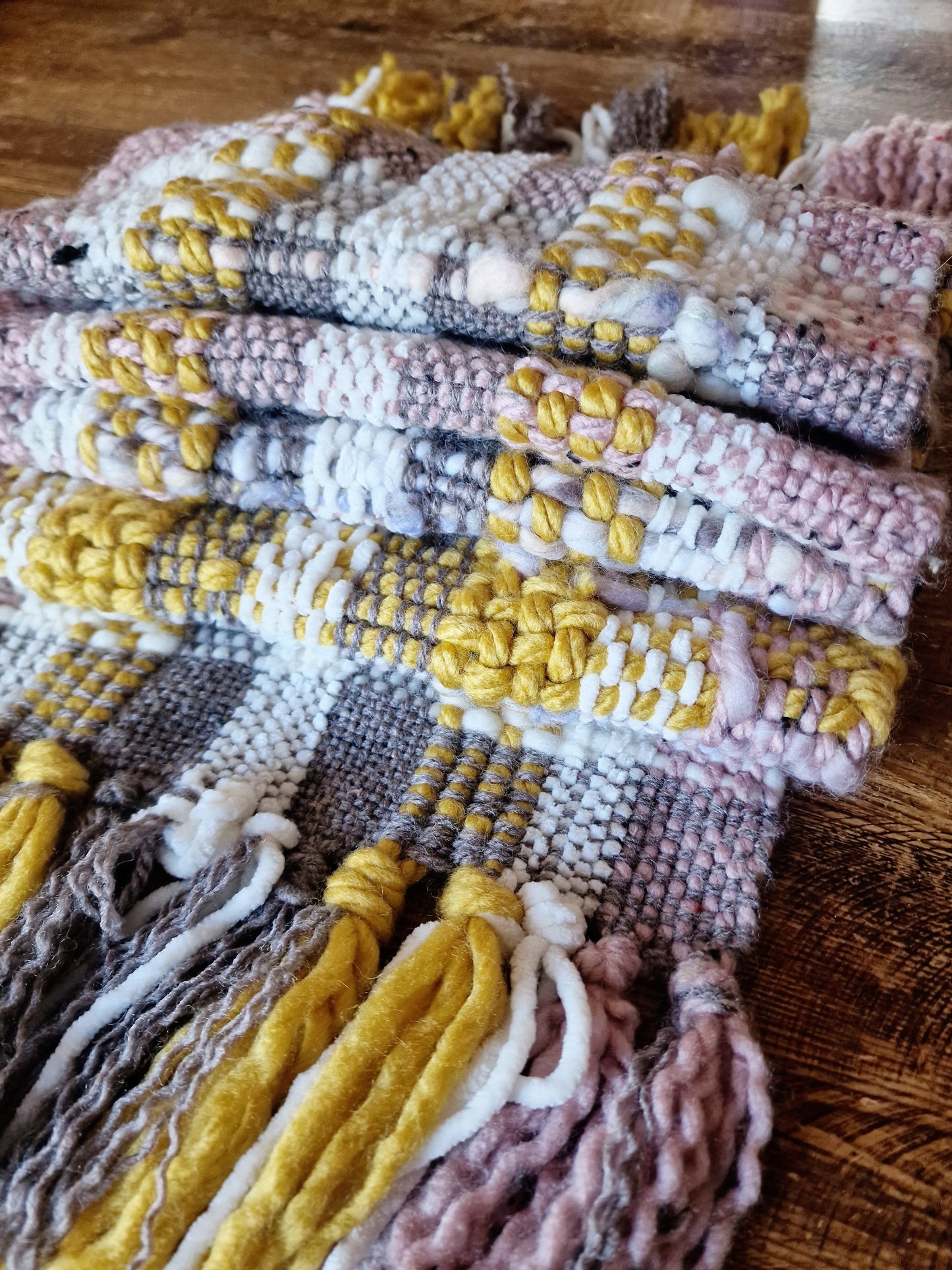Hand Woven Scarf - Mustard, Dusky Pink & Brown