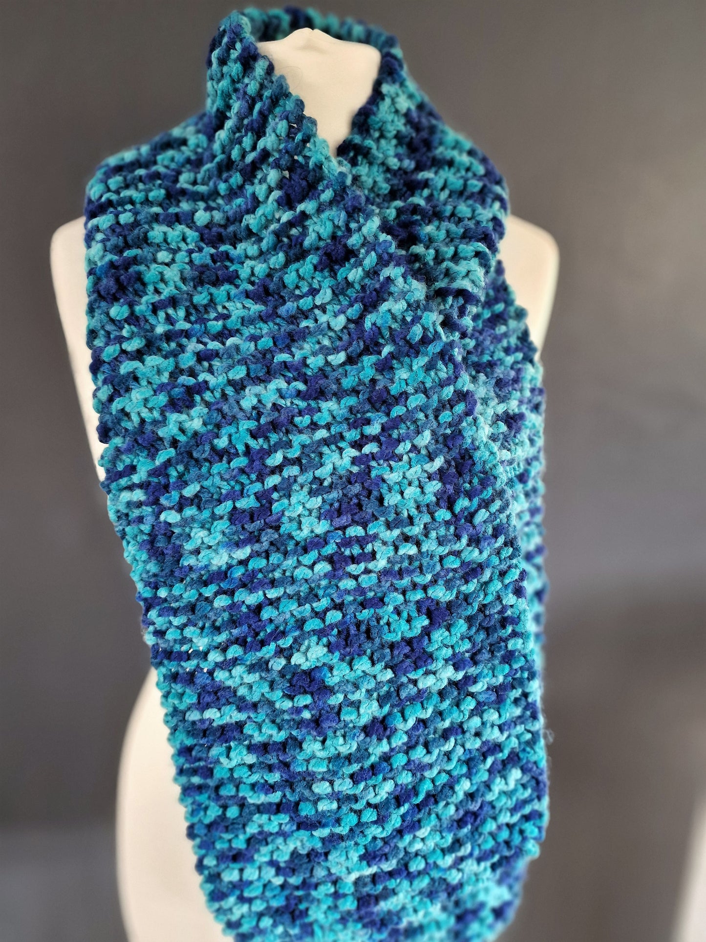 Hand Knitted Scarf - Blues and Aqua